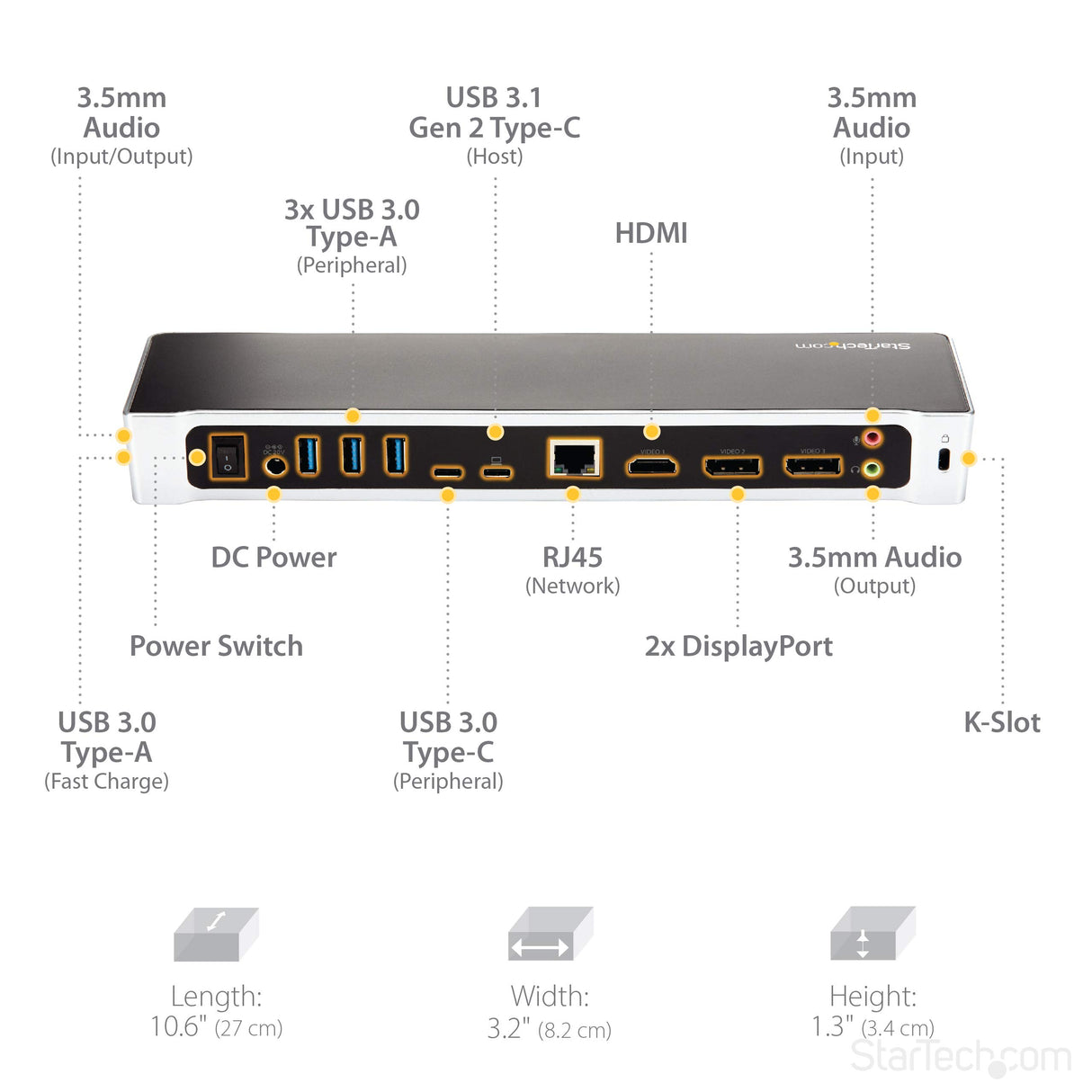 StarTech.com Dock USB-C para 3 Monitores 4K con 5 Puertos USB 3.2 5Gbps - HDMI y DisplayPort - PD 100W - Hub 5x USB 5Gbps