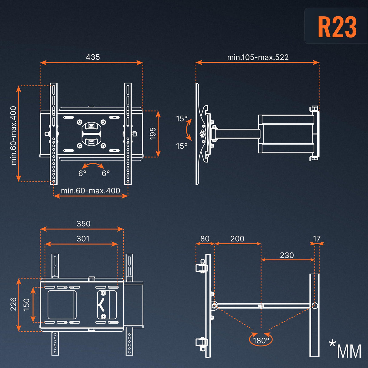 RICOO Soporte TV Pared 31-65" Pulgadas (79-165cm) R23-S Brazo articulado Giratorio Inclinable Colgador televisiΓ³n Universal VESA 200x200-400x400 Negro
