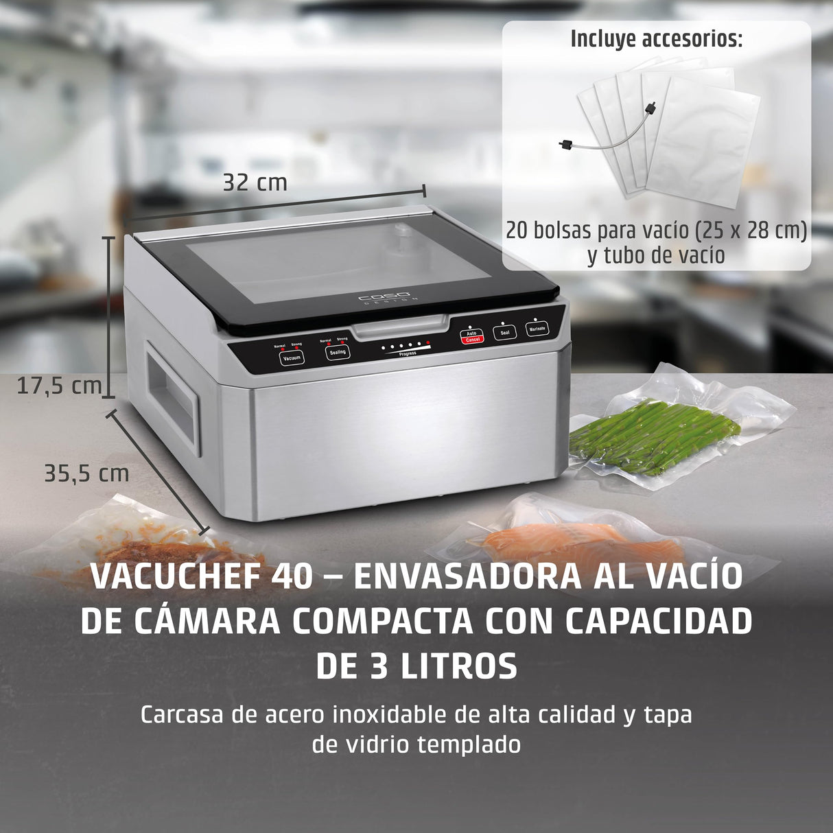 CASO VacuChef 40 - Envasadora al vacío profesional de cámara compacta - Potente capacidad de vacío de 70 L/min - Cámara con capacidad de 3 litros - acero inoxidable