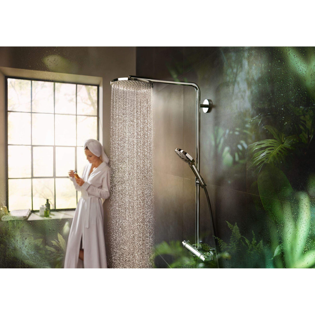 hansgrohe Raindance Select S - sistema de ducha con termostato, ducha lluvia (⌀ 240 mm) con grifo, ducha de mano (2 tipos de chorro), flexo, barra, ducha fija redondo (1 chorro), cromo, 27633000