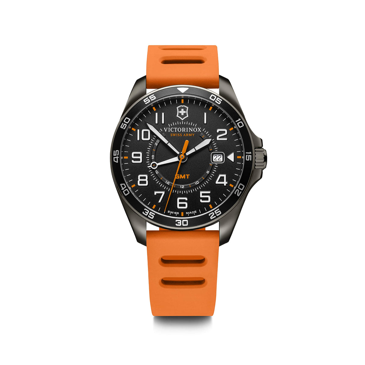 Victorinox FieldForce Sport GMT Ø 42 mm Reloj de Pulsera de Hombre, Swiss Made, Cuarzo analógico, Sumergible hasta 100 m, Pulsera de Caucho, Negro/Naranja