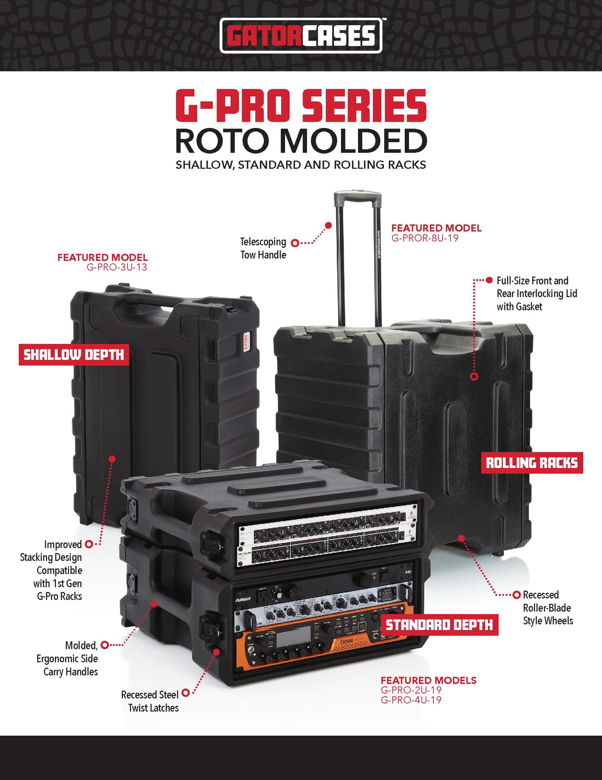 Gator Cases G-Pro Racks Pro Series, caja de PE moldeado Mil-Grade; 8U, 19" de profundidad; con asa y ruedas (G-PROR-8U-19)