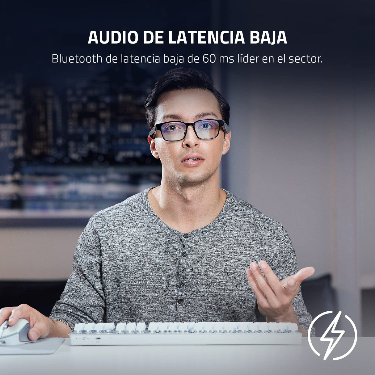 Razer Anzu - Gafas de sol con filtro de luz azul o de audio (rectángulo, grande) (sonido de baja latencia, diseño resistente al agua IPX4, micrófono y altavoces incorporados) Negro