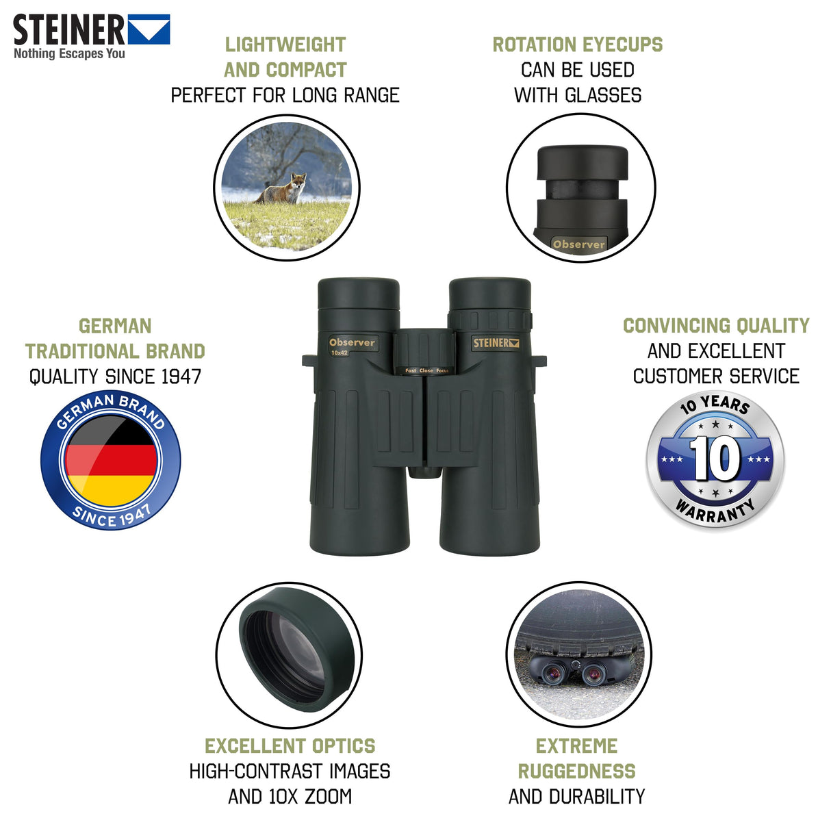 STEINER Prismáticos de Caza Observer 10x42 - Óptica de Calidad Alemana, imágenes Brillantes y detalladas, Gran Aumento, diseño de Borde de Techo liviano