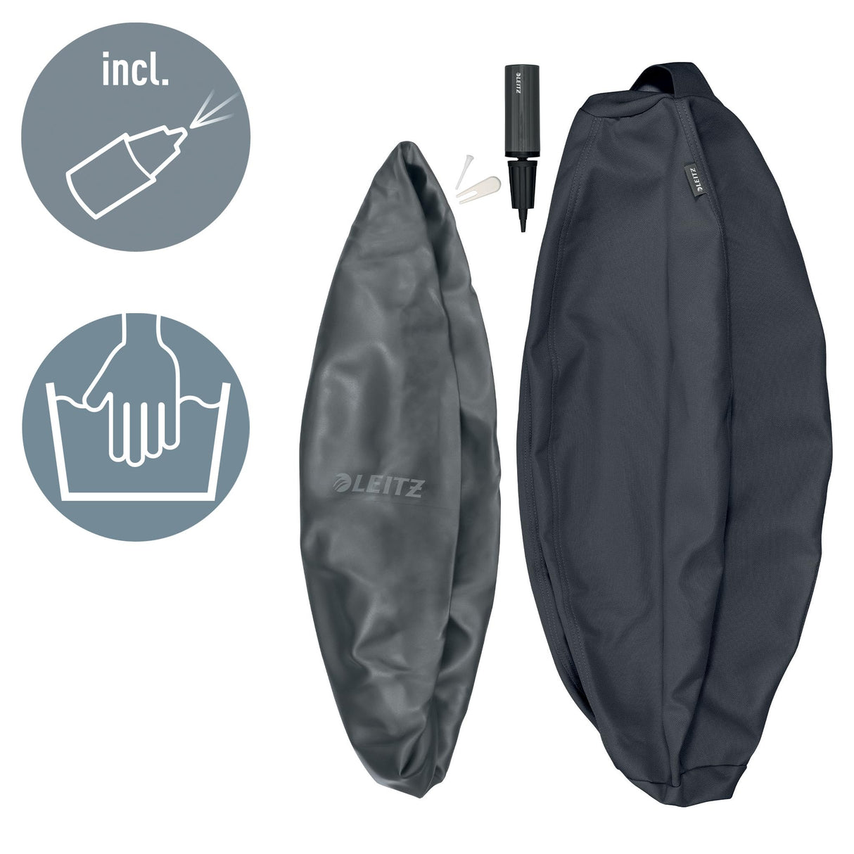 Leitz Balón de Asiento Ergo Active Antideslizante, Diseñado Ergonómicamente como Alternativa a la Silla de Escritorio, 75 cm de Diámetro, Incluye Funda de Tela, Bomba Aire Manual, 2 Tapones, 65430089