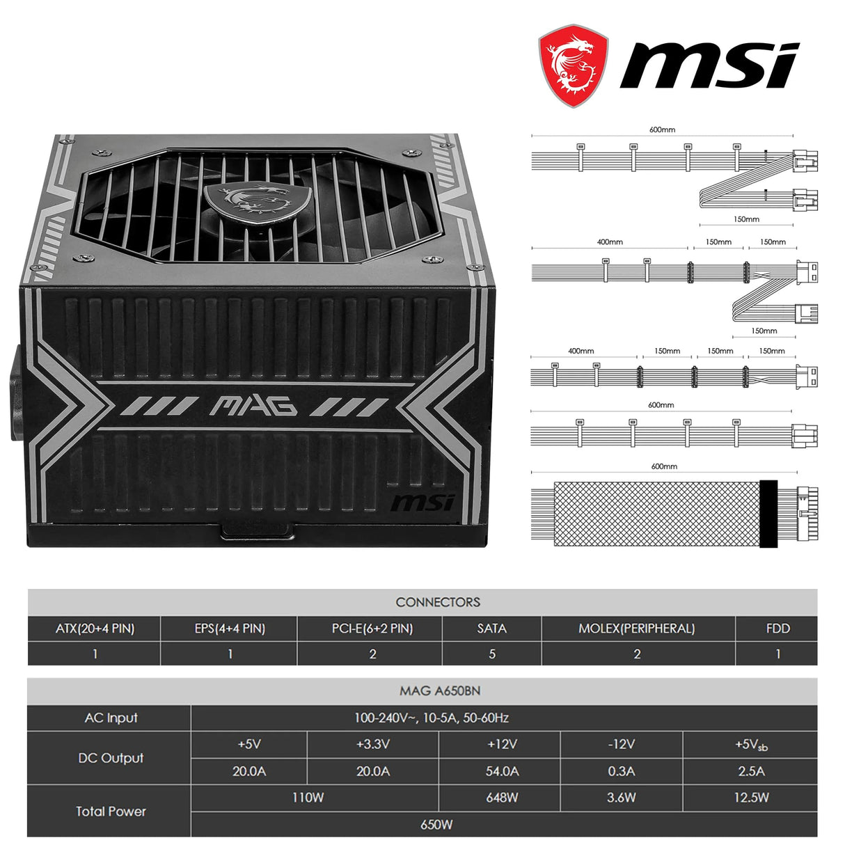 MSI mag A650BNL - Fuente de alimentación (650 W, 80 Plus, Color Bronce ATX PSU