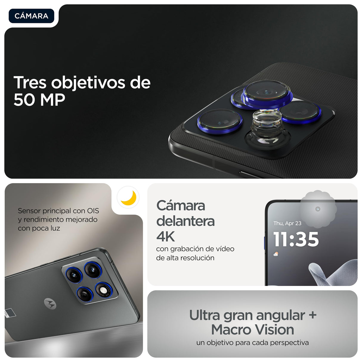 Motorola Edge 70 24GB (12GB+12GB RAM Boost)/512GB Gadget Grey, España. Diseño increíblemente Fino. Pantalla Super HD de 6,7". Triple cámara 50MP con Moto ai. 4800 mAh. Durabilidad de Grado Militar