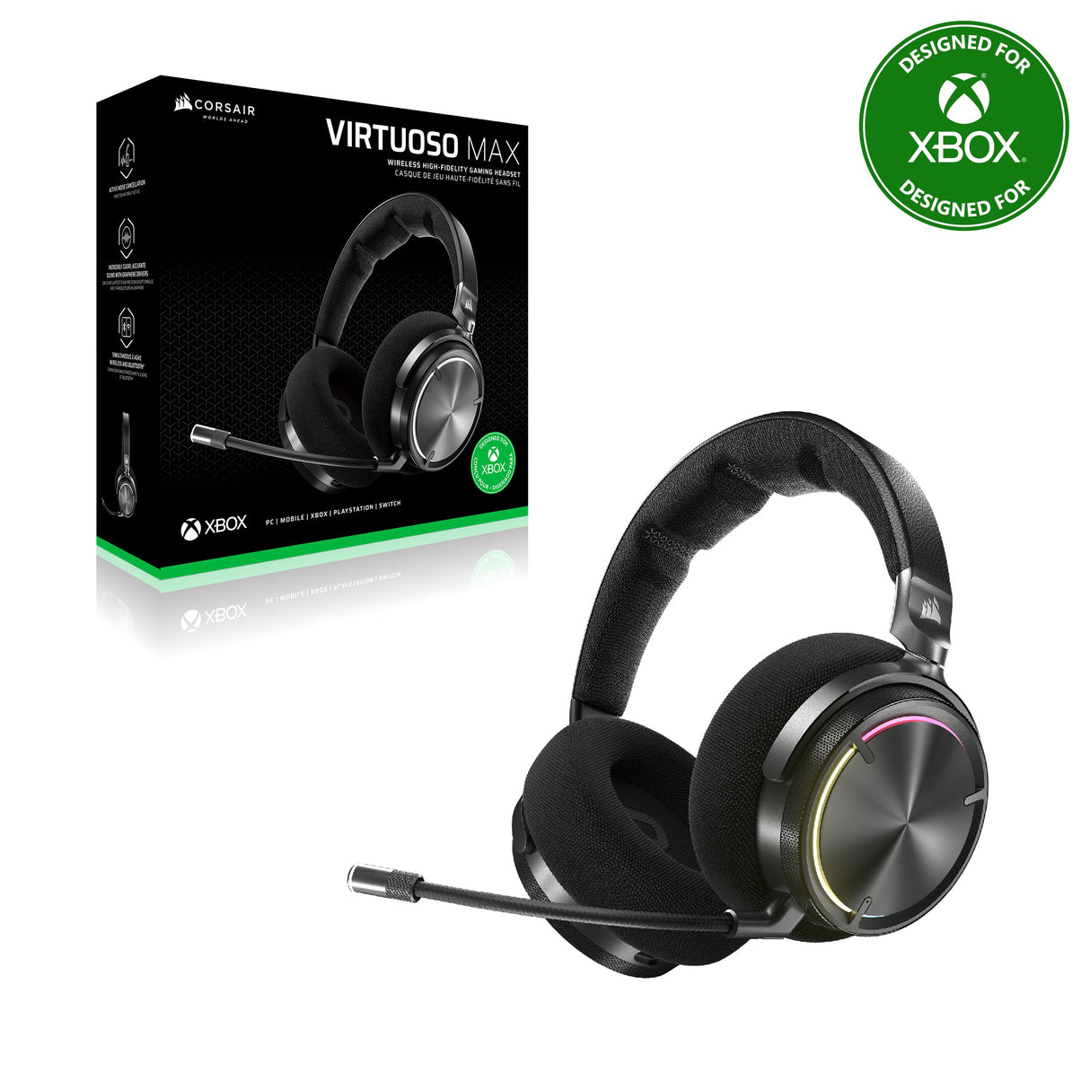 Corsair Virtuoso MAX Wireless para Xbox Auriculares para Juegos con Bluetooth – Dolby Atmos, Cancelación Activa del Ruido, Micrófono de Calidad Broadcast, para Xbox, PC, Mac – Carbono