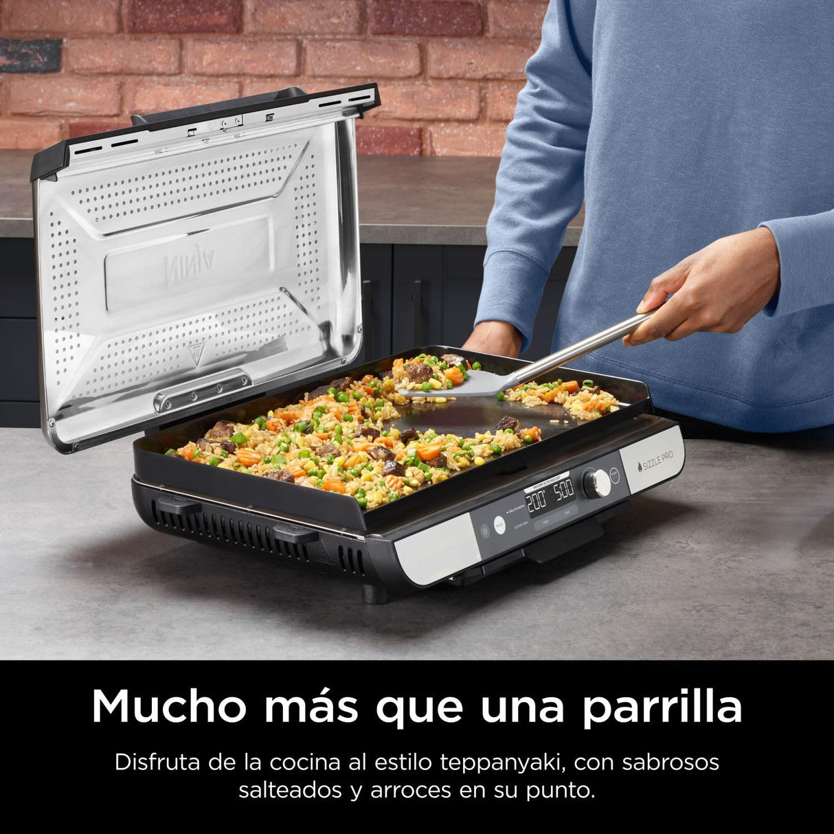 Ninja Sizzle Pro XL Parrilla y plancha para interior, con placa de parrilla y plancha cerámicas antiadherentes, tapa desmontable, recogegrasas y guía de recetas, color plateado/negro GX101EU