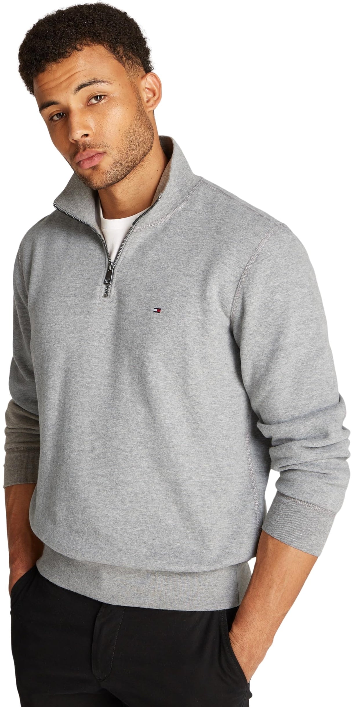 Tommy Hilfiger Chaqueta con Cremallera Hombre Essential Fleece 1/4 Zip con Cuello Marinero con Cremallera, Gris (Medium Grey Heather), XL