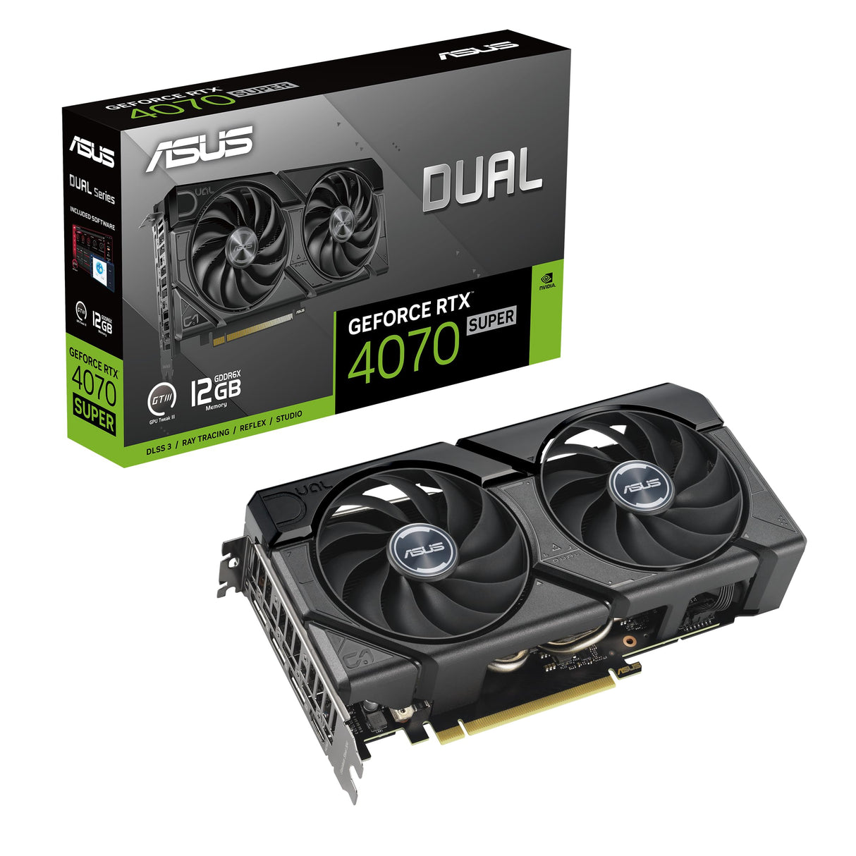 ASUS Tarjeta de Video Dual GeForce RTX 4070 Super EVO de 12 GB GDDR6X con 2 potentes Ventiladores de tecnología axial DUAL-RTX4070S-12G-EVO