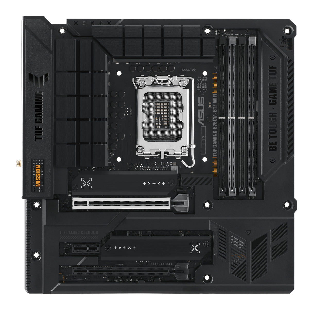 ASUS TUF GAMING B760M-BTF WIFI - Placa base Intel B760 LGA 1700 mATX (DDR5, PCIe 5.0, PCIe 4.0 M.2, WiFi 6, 2.5Gb LAN, DP, HDMI, USB 3.2 Gen 2 Tipo-C, Thunderbolt 4, conectores ocultos y Aura Sync)