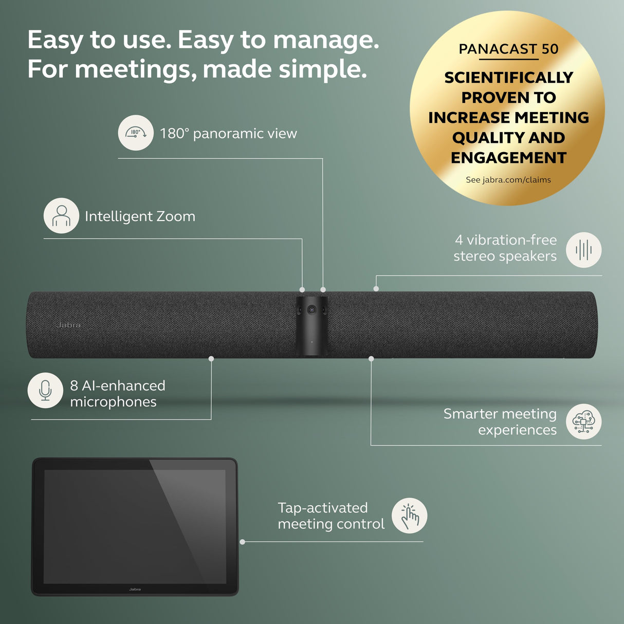 Jabra PanaCast 50 Video Bar System UC - Barra de Camara videoconferencia Todo en uno para Salas de reuniones Medianas, Tableta con Pantalla táctil incluida, Campo de visión de 180 Grados - Negro