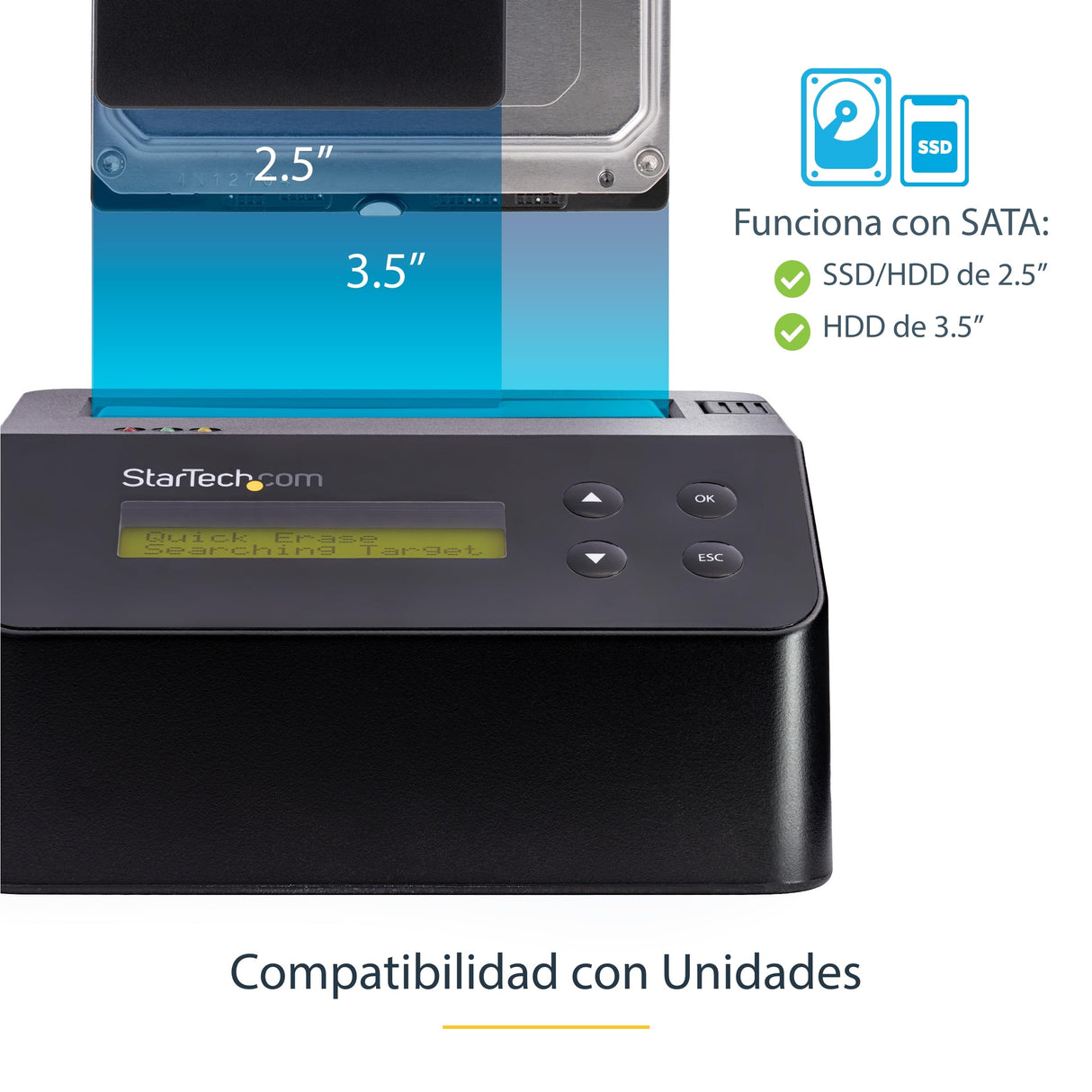 StarTech.com Borrador Autónomo USB 3.0 de 1 Bahía para Discos Duros o SSDs, USB 3.0 a SATA II (3 Gbps), TAA, 9 Modos de Borrado, Pantalla LCD, Sanitizador, Puerto DB-9 de Impresora (SDOCK1EU3P)