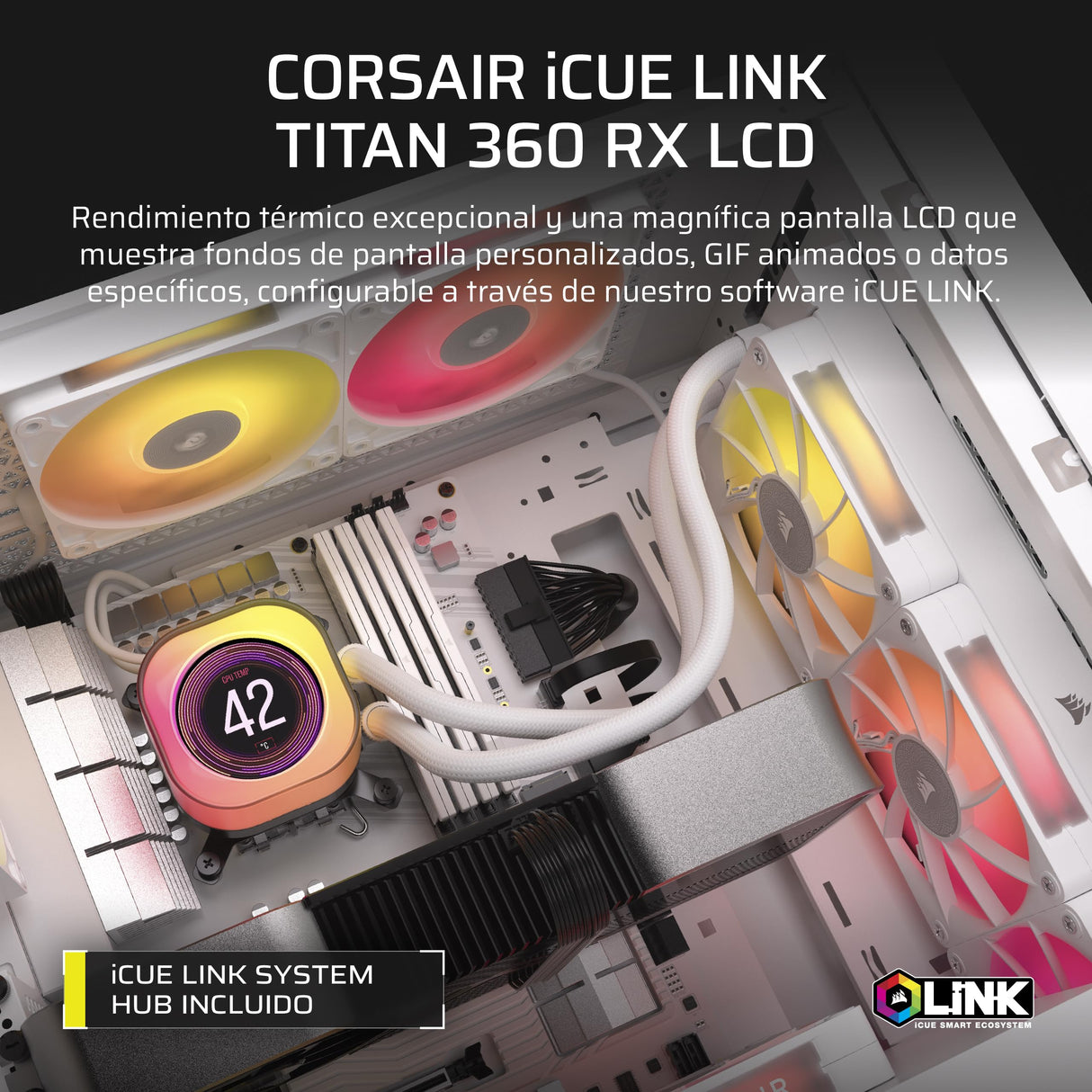 CORSAIR iCUE Link Titan 360 RX LCD Refrigeración Líquida de CPU – Motor de Refrigeración FlowDrive – Intel LGA 1851/1700, AMD AM5/AM4 – 3X RX120 RGB Ventiladores – iCUE Link Hub Incluido – Blanco
