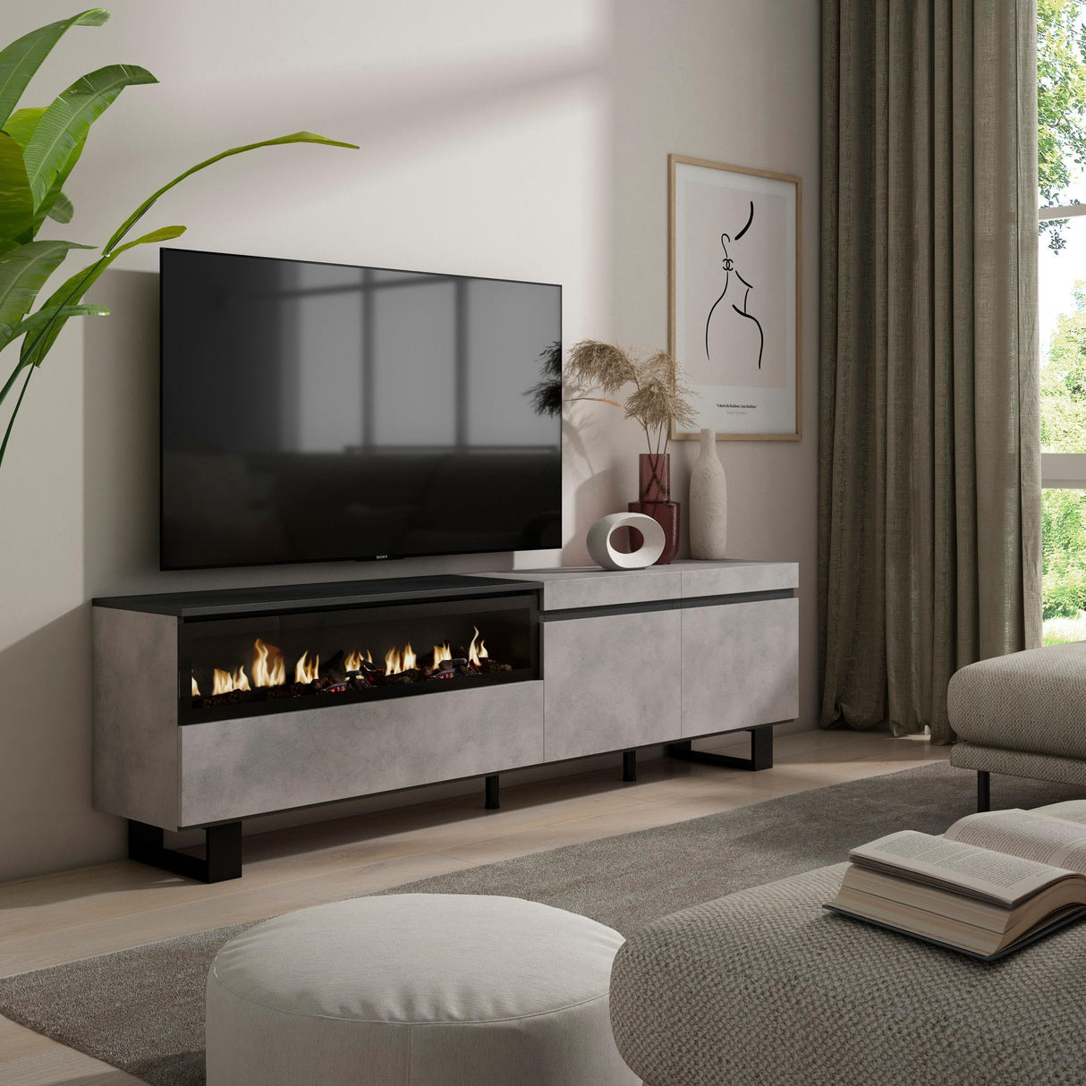Skraut Home | Mueble TV | Televisión | Muebles de salón, almacenaje | 200x57x35cm | para TV hasta 80" | Chimenea eléctrica | Diseño Industrial | Estilo Moderno | Cemento