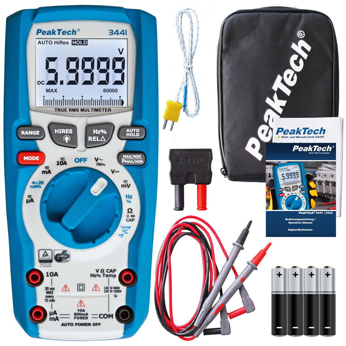 PeakTech 3441 – Multímetro digital RMS con 60,000 recuentos, multímetro de mano profesional para cables eléctricos, TUV/GS, medidor de voltaje, probador de continuidad - CAT III 1000V