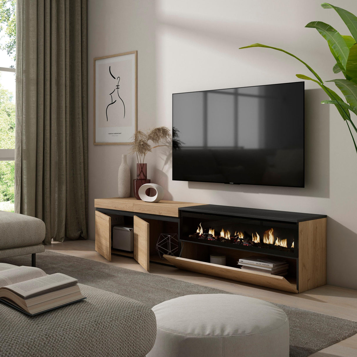 Skraut Home | Mueble TV | Televisión | Muebles de salón, almacenaje | 200x45x35cm | Para TV hasta 80" | Chimenea eléctrica | Estilo Moderno | Roble y negro
