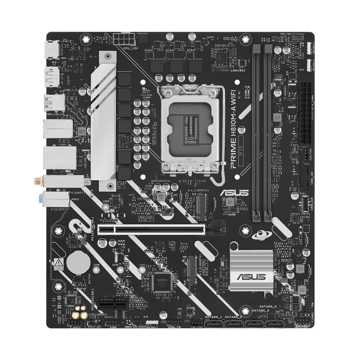 ASUS Prime H810M-A WiFi, Placa Base Intel mATX, 6+1+1+1 etapas de alimentación, Ranura DDR5, PCIe 4.0, 2 Ranuras M.2, WiFi 6E, Ethernet Intel 16 GB, DisplayPort, HDMI, USB-A 10 Gbps, USB-C 5 Gbps,