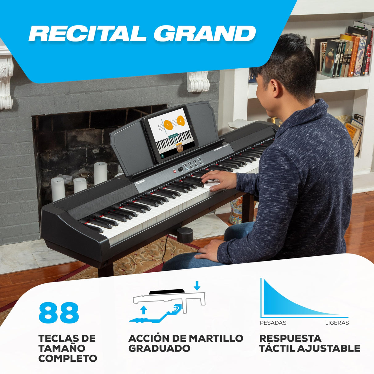 Alesis Recital Grand Piano Eléctrico 88 Teclas Contrapesadas de Acción Martillo con Altavoces, Lecciones de Piano, Metrónomo y 16 Kits de Sonidos