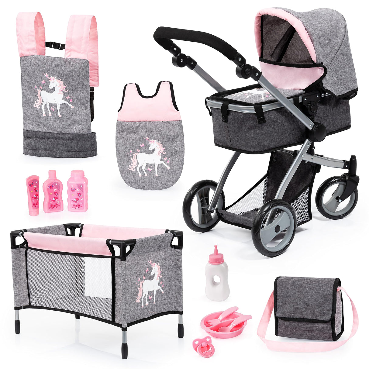 Bayer Design 18333AC Cochecito de muñeca, Convertible, Regulable en Altura, Accesorios, Bolsa, Cuna de Viaje, portabebés para muñeca, Saco de Dormir, Jeans-Gris, Rosa, Unicornio
