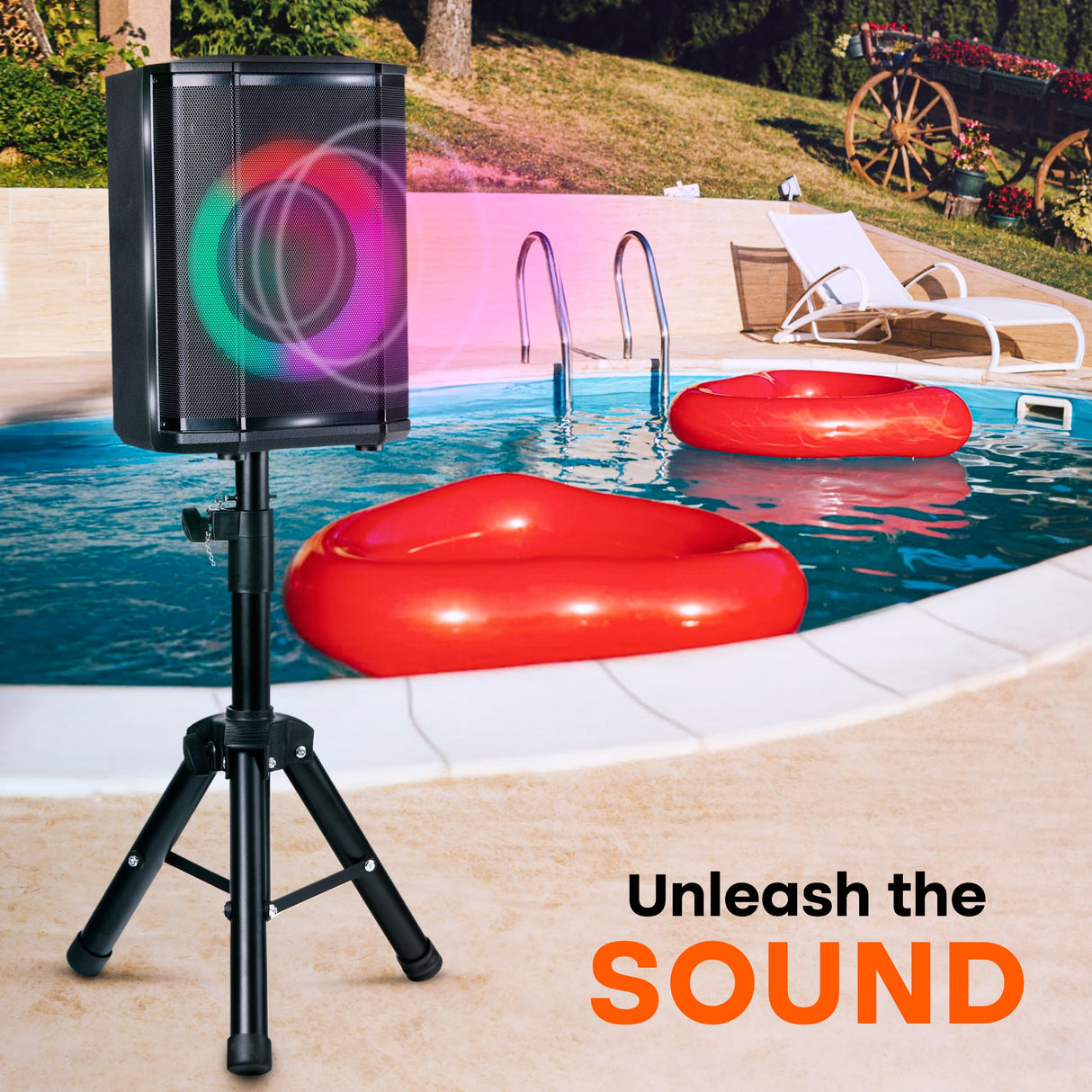 Pyle Portable Bluetooth Speaker with 8" Inch Woofer, TWS, Mic Input, USB/SD/FM Radio, Colorful Ring Lights, 120 W Rechargeable Battery, Tripod Stand & Speaker Bag, Hi-Fi Sound, Outdoor/Indoor Use