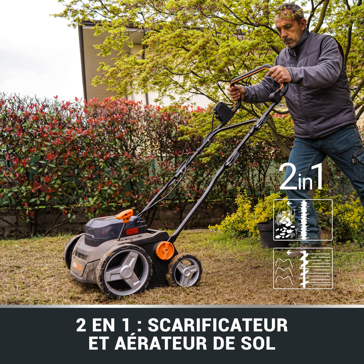 WORX Nitro WG855E.9 - Escarificador de batería y aireador de césped (hasta 400 ㎡, Ancho de Trabajo de 36 cm, Motor sin escobillas, 4 Niveles de Ajuste de Altura, Incluye Bolsa de Hierba de 40 L, sin