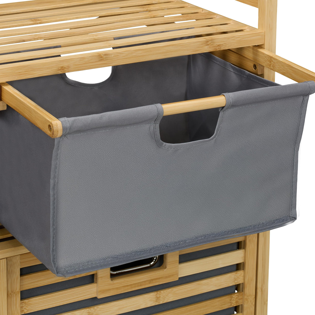 Relaxdays Estantería Baño con 2 Cestos Ropa Sucia, Basculante, 40 L, Balda y 2 Cajones, Bambú, 95x88x33 cm, Natural/Gris, Poliéster