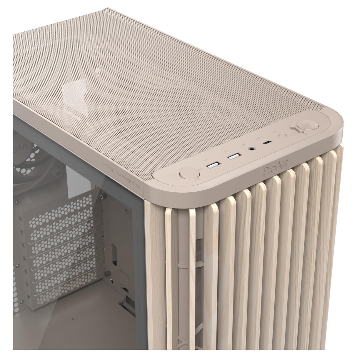 ASUS ProArt PA401 Wood Edition - Chasis ATX con Panel de Vidrio Templado, Compatible con GPU de 314mm, Compatible con radiadores de 240 mm, Dos Ventiladores de 160mm, Soporte de PSU extraíble - Beige