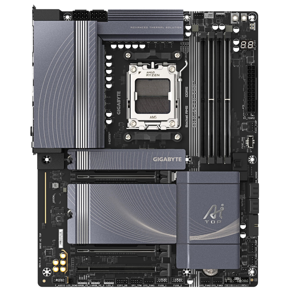 GIGABYTE B850 AI Top Placa Base - Procesadores AMD Ryzen Serie 9000, 16+2+2 Fases VRM Digitales, hasta 8600MHz DDR5 (OC), 2xPCIe 5.0 + 1xPCIe 4.0 M.2, LAN 10GbE, WiFi 7, USB 3.2 Gen 2x2