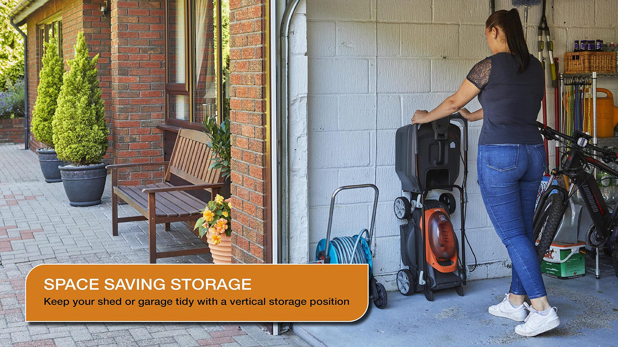 Flymo UltraStore 340R Li batería cortacésped Kit 36 V, 34 cm de Ancho de Corte, Corte de Borde cercano, Rodillo Trasero, 35 L, Agarre cómodo, Power 4 All Battery Alliance, 970538701, Naranja y Gris