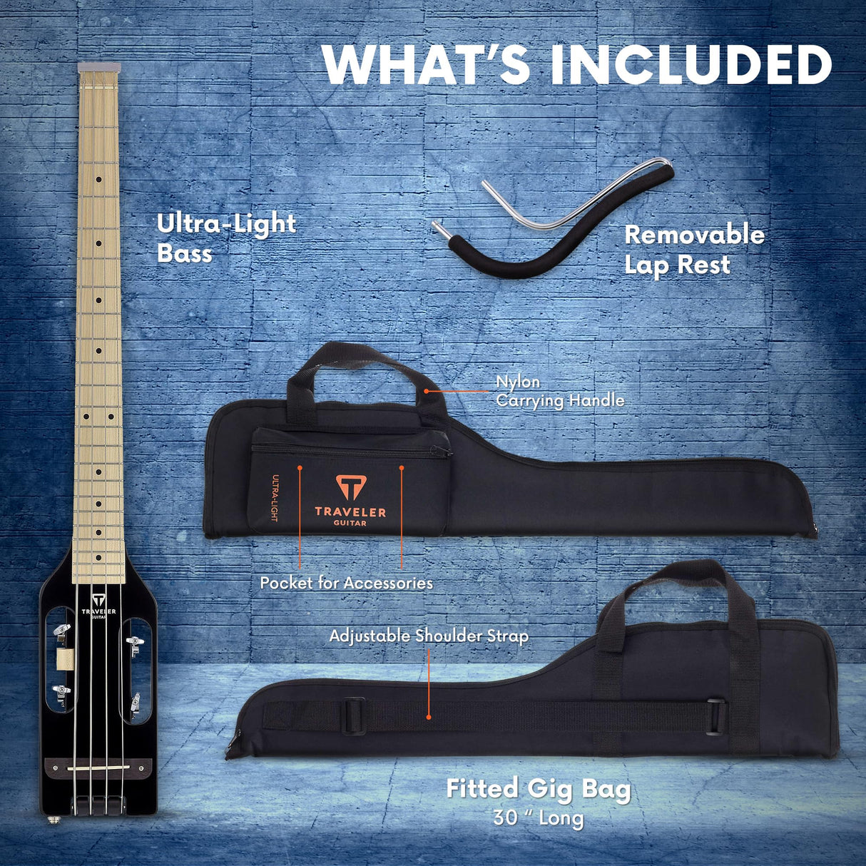 Traveler Guitar Bajo ultraligero, negro brillante (ULB BKGMP)