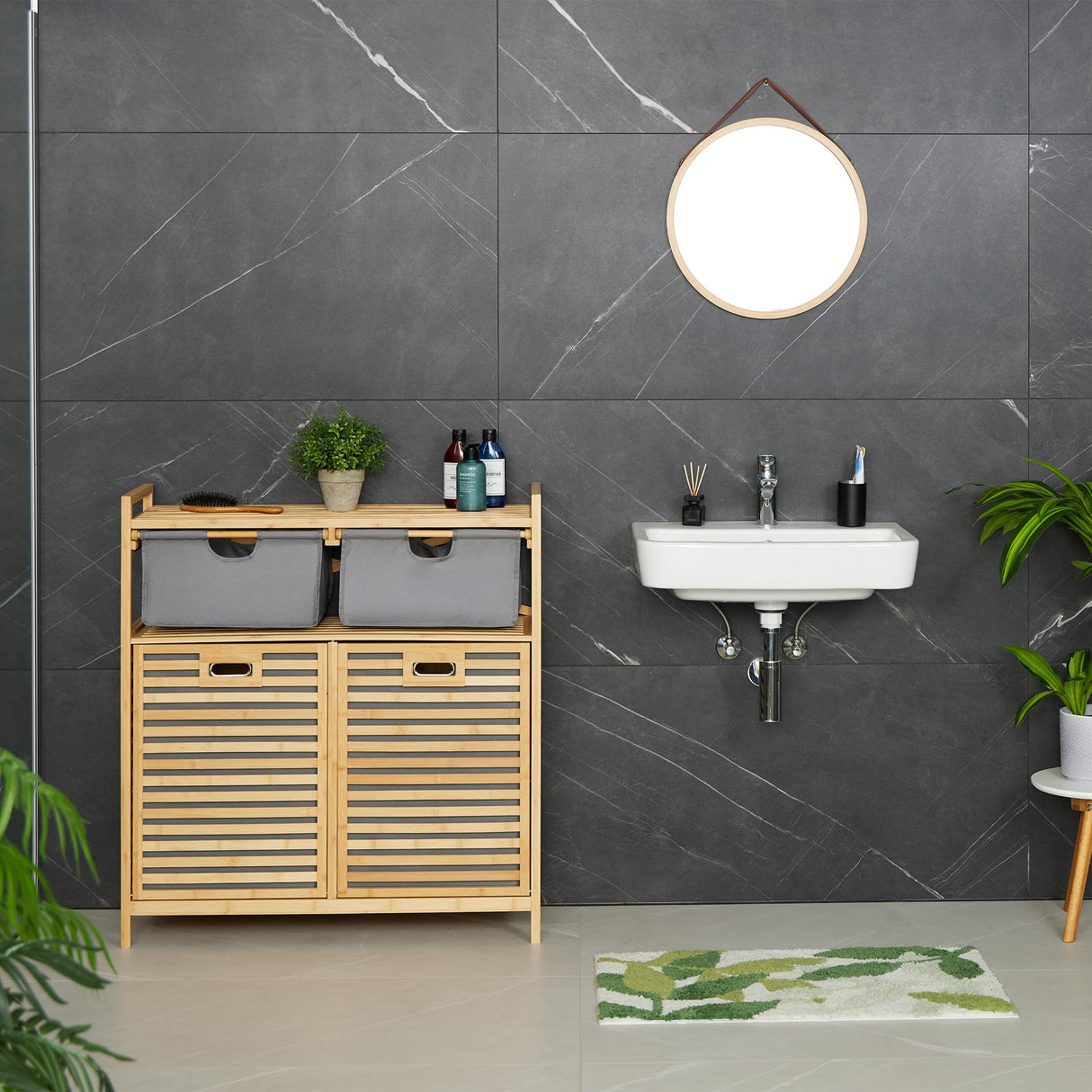 Relaxdays Estantería Baño con 2 Cestos Ropa Sucia, Basculante, 40 L, Balda y 2 Cajones, Bambú, 95x88x33 cm, Natural/Gris, Poliéster