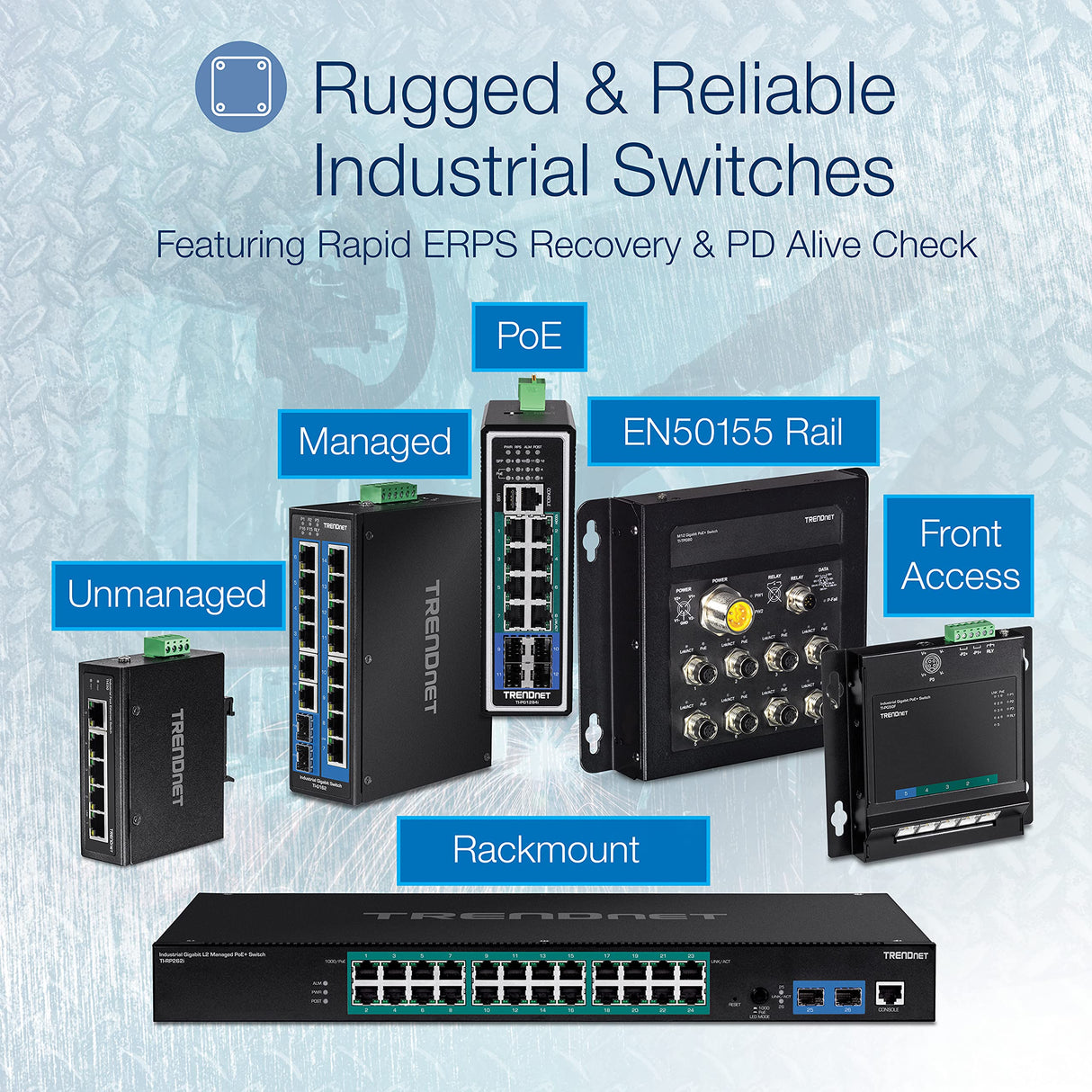 TRENDnet, TI-G102i, Conmutador DIN-Rail Industrial Gigabit L2 Administrable de 10 Puertos, 8 Gigabits, 2 SFP, Montaje en Riel DIN, IP30, Divisor Ethernet, Negro