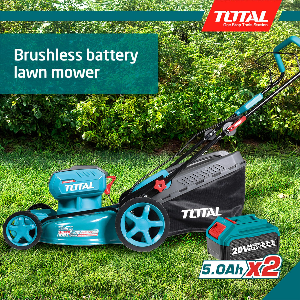 TOTAL - Cortacésped Brushless A Batería | Batería de 40V de Larga Duración | Incluye 2 Baterías y Cargador Rápido Doble | Fácil de Montar |con Ajuste de Altura | Cómodo de Manejar