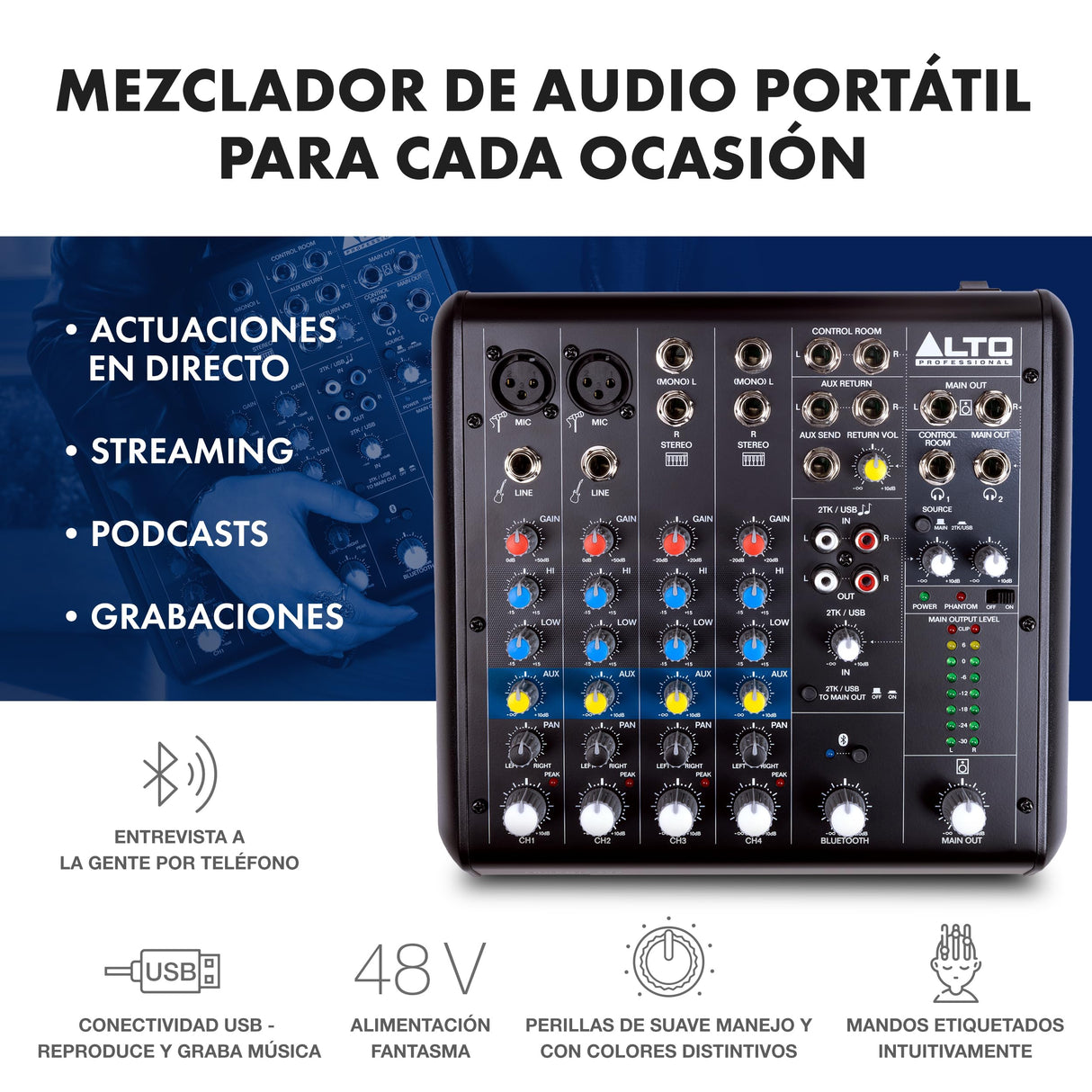 ALTO TrueMix 600 Mesa de Mezclas Con 2 Entradas XLR de Micrófono, Interfaz de Audio USB y Bluetooth Para Podcasts, Actuaciones en Vivo, Grabaciones, DJ, PC y Mac