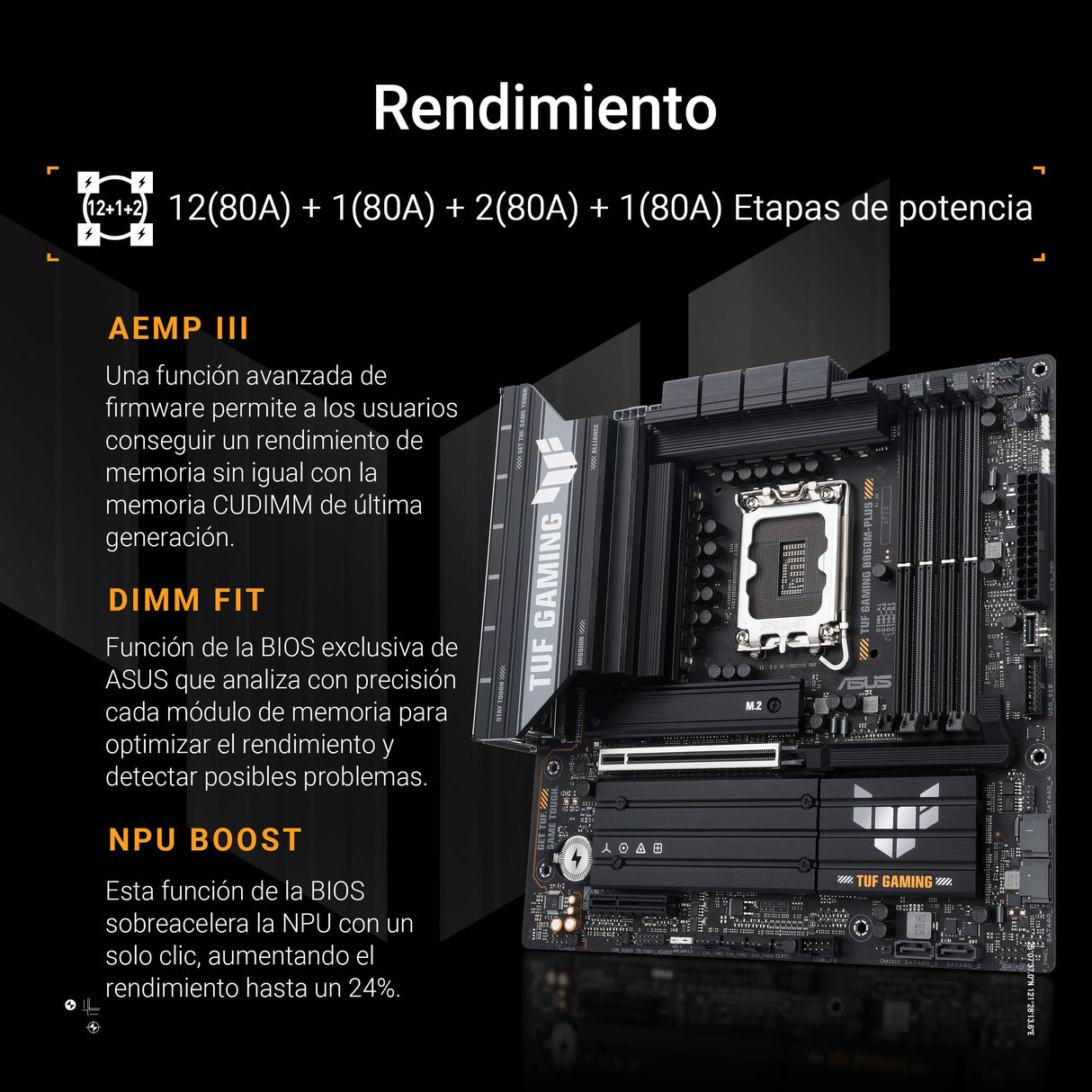ASUS TUF Gaming B860M-PLUS, Placa Base Intel mATX, 12+1+2+1 etapas de alimentación DrMOS 80A, DDR5, PCIe 5.0, 3 Ranuras M.2, Realtek 2.5Gb Ethernet, DisplayPort, HDMI, USB 20Gbps Tipo-C