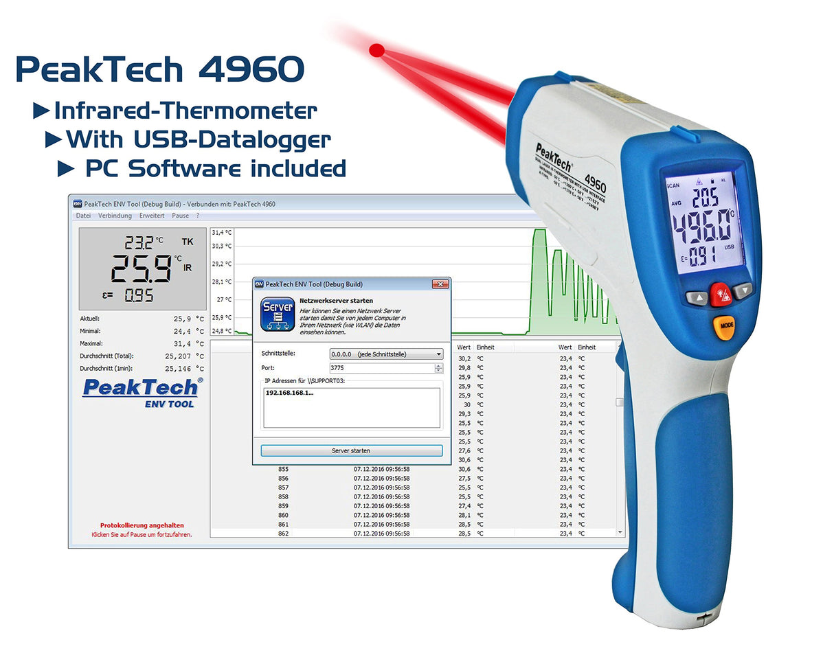 PeakTech, Termómetro IR profesional con registrador de datos para -50°C ... 1200 °C ; con USB y láser dual, alta precisión y función de medición continua y alimentación a través de USB