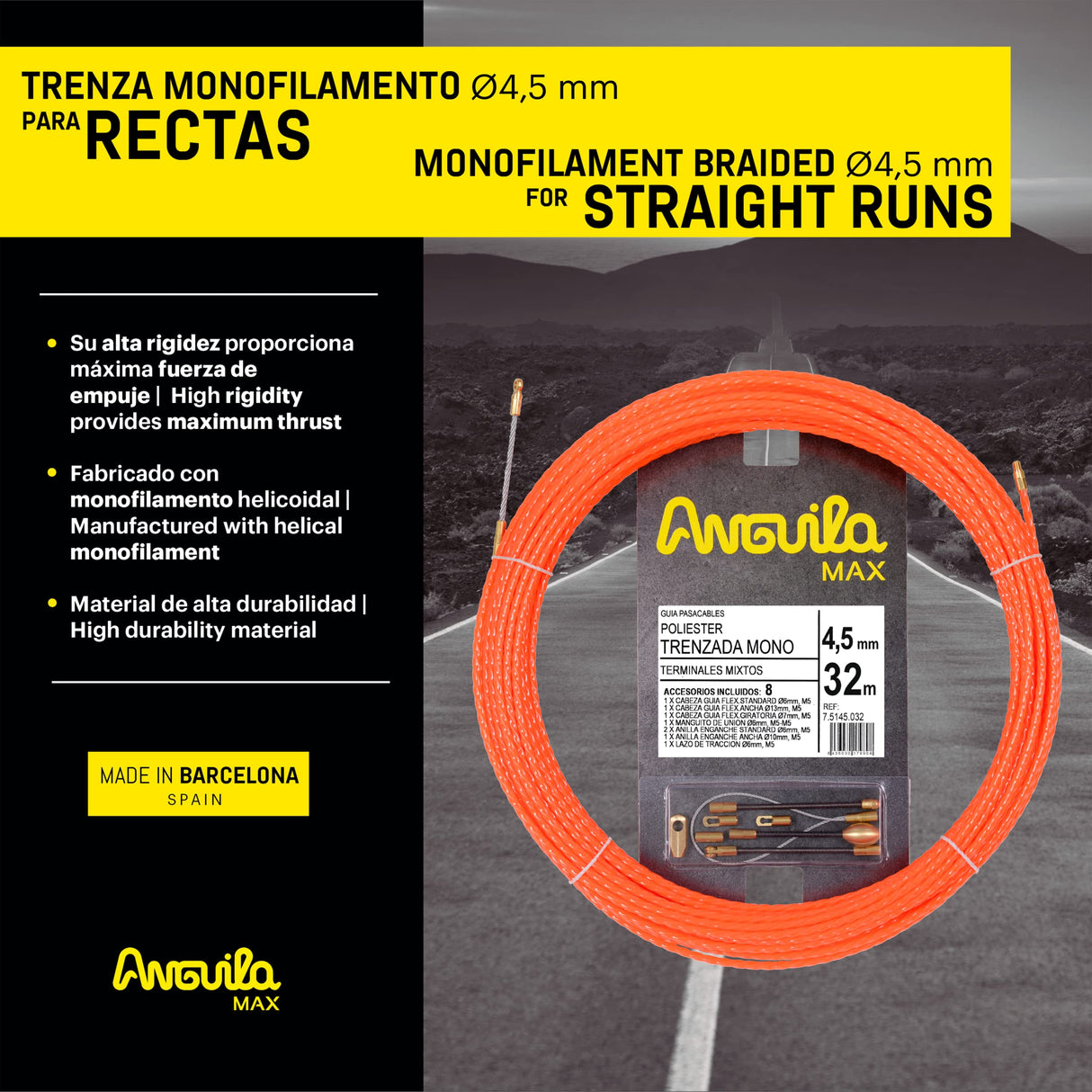 Anguila Max 7.5145.032 Guía pasacables Especial Rectas Poliéster Trenzada Monofilamento 4,5mm 32 Metros y terminales Mixtos, Naranja
