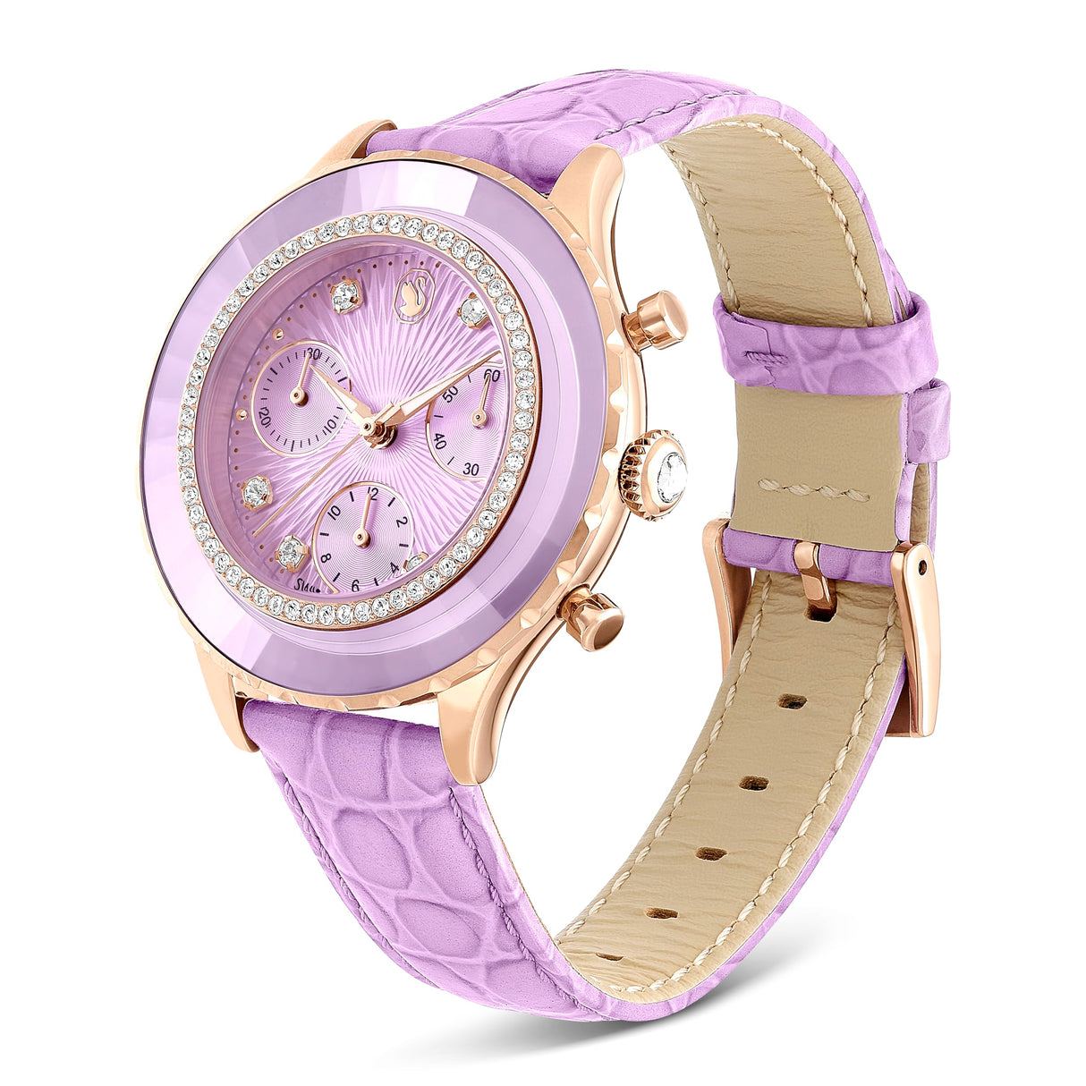 Swarovski Reloj Octea Chrono, Fabricación Suiza, Correa de Piel, Púrpura, Acabado en Tono Oro Rosa