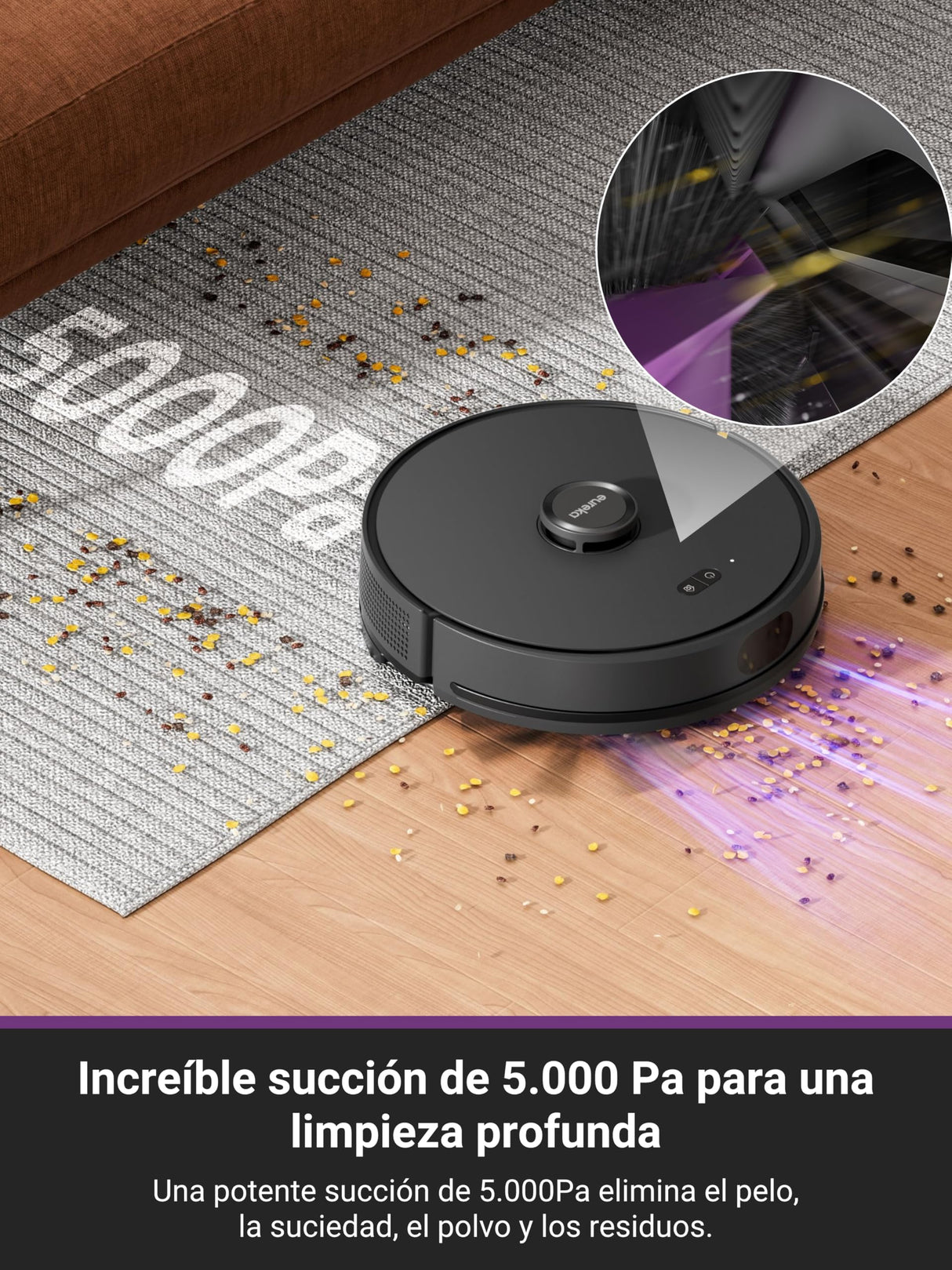 EUREKA E6 Plus Robot Aspirador y Fregasuelos, 5000Pa Succión Potente, Base de Vaciado Automático 2.5L,Sistema LiDAR preciso, Control por App, Diseño Anti-enredo, Ahorrador de Espacio,Mapa Multicapa