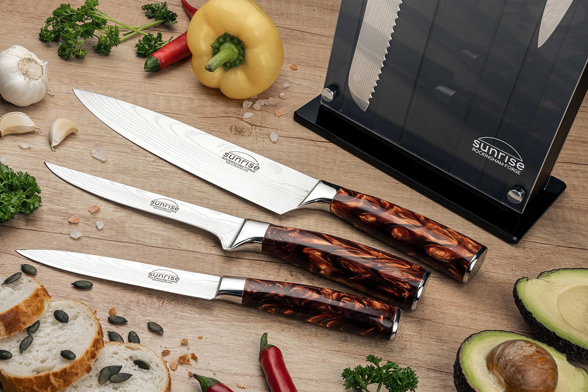 Rockingham Forge Juego de Cuchillos de Cocina de 7 Piezas, Serie Sunrise, Hoja de Acero Inoxidable con Mangos de Resina, Marrón Ambarino, RF-2160/7BR