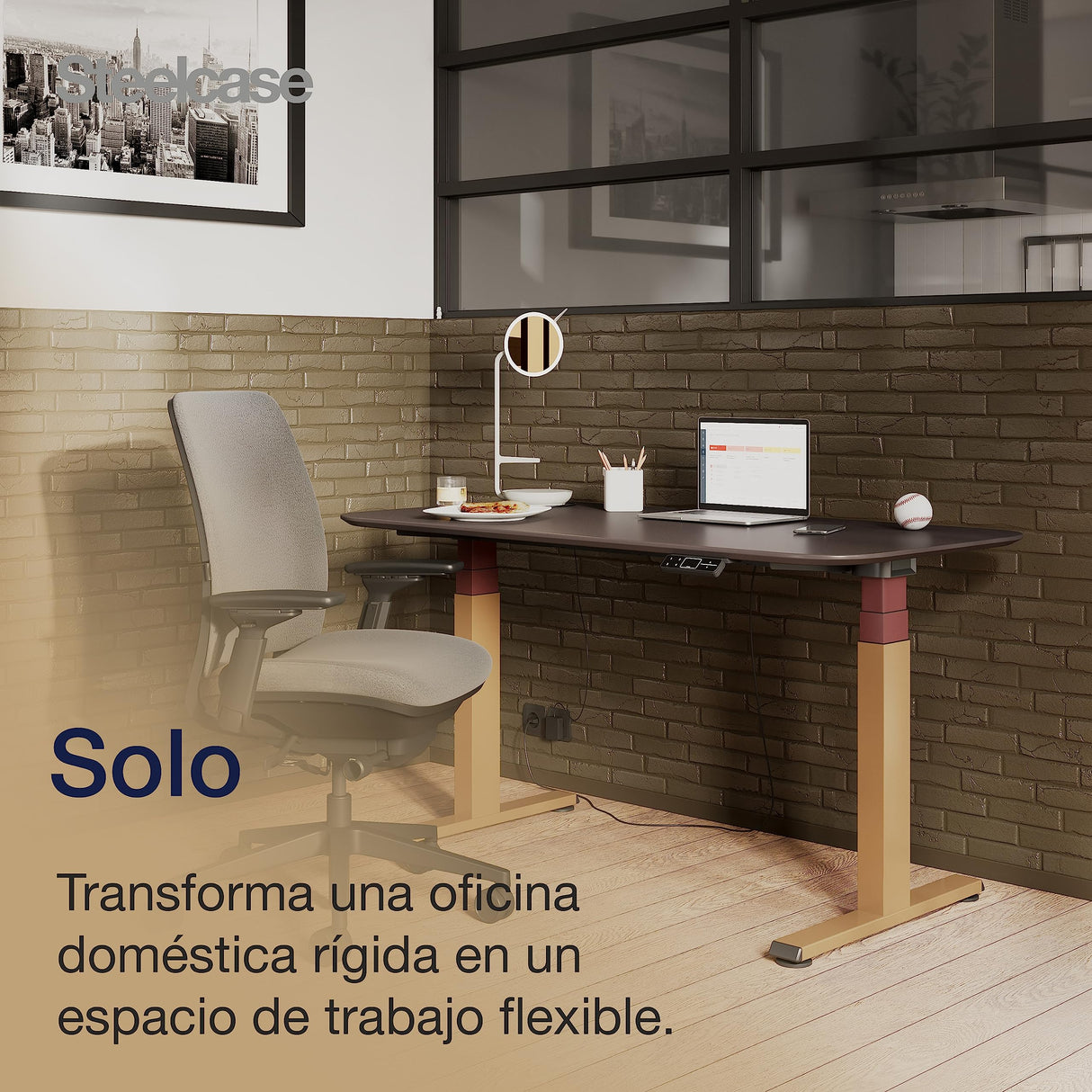 Steelcase Solo Mesa Altura Ajustable Eléctrica para Trabajar de Pie o Sentado, Controlador Programable, Potente motor, Sensor Anticolisión y Red de Gestión de Cables. Acabados en Latón/Merlot/Malva