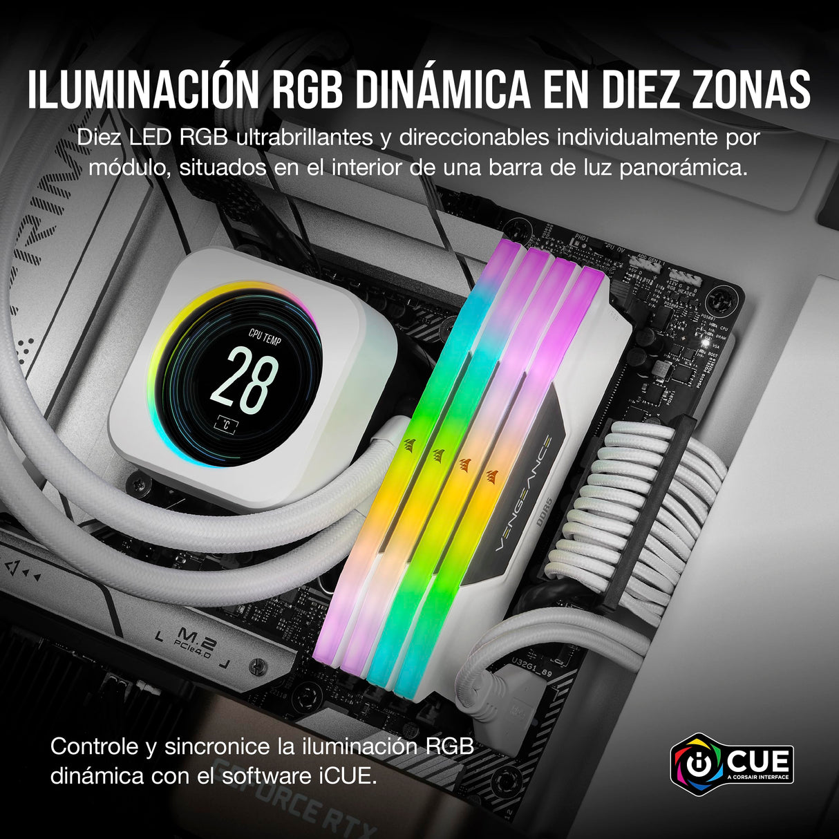 CORSAIR Vengeance RGB DDR5 RAM 32GB (2x16GB) 6400MHz CL32-40-40-84 1.40V AMD Expo Intel XMP 3.0 Memoria de Ordenador de Sobremesa – Blanco (CMH32GX5M2B6400Z32W)