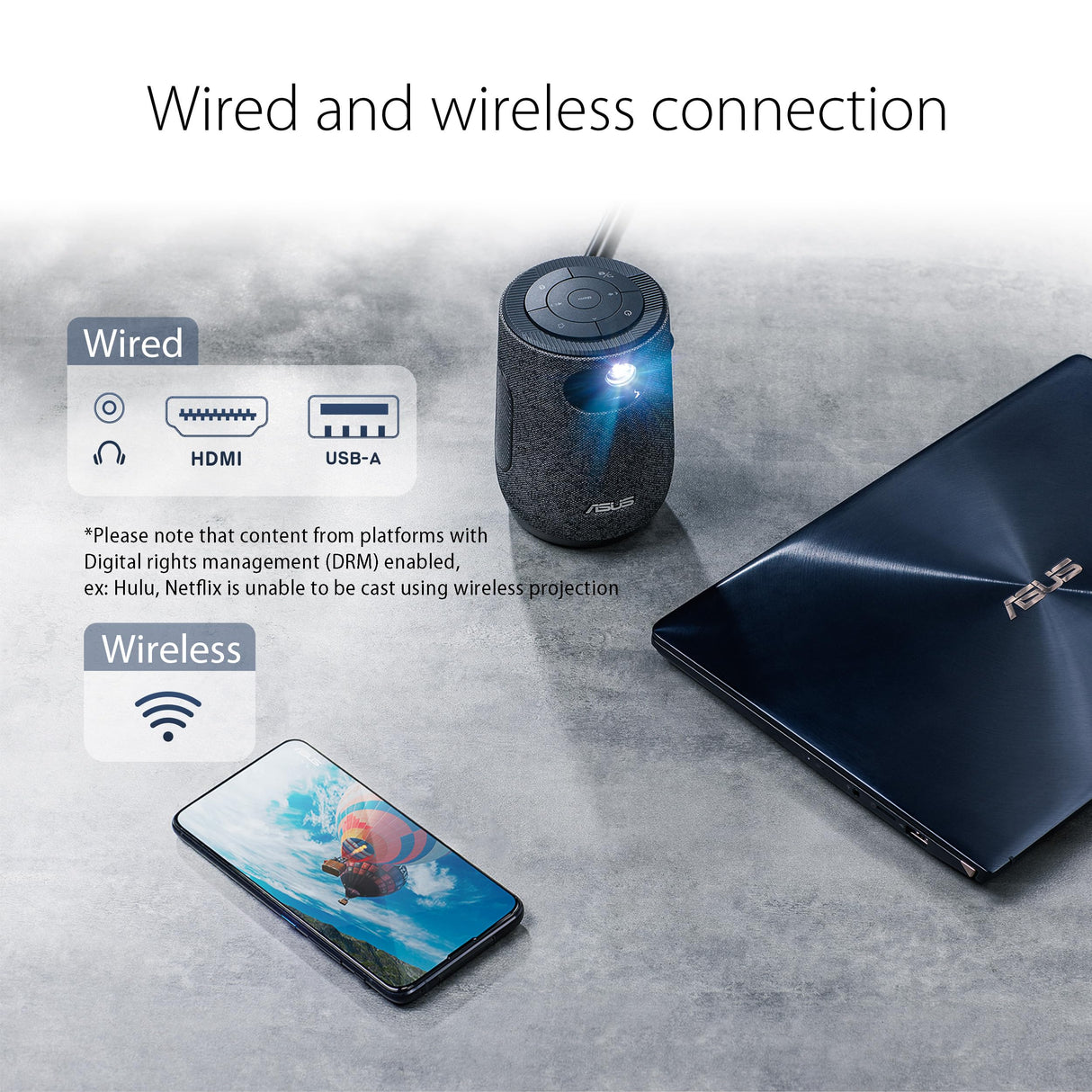 ASUS ZenBeam Latte - Proyector LED portátil HD, 300 lúmenes, HDMI y USB-C 1280 x 720 y 32 dB, altavoces Bluetooth de 10 W, sonido por Harman Kardon, batería integrada, USB-A y HDMI, Gris