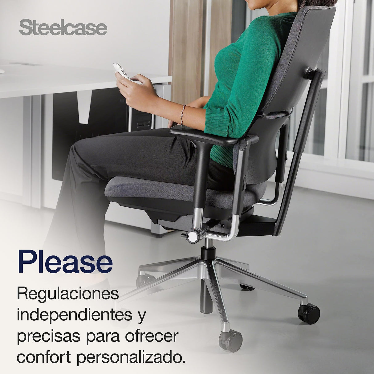 Steelcase Please, silla de oficina ergonómica con respaldo alto regulable en altura y brazos regulables Ónix