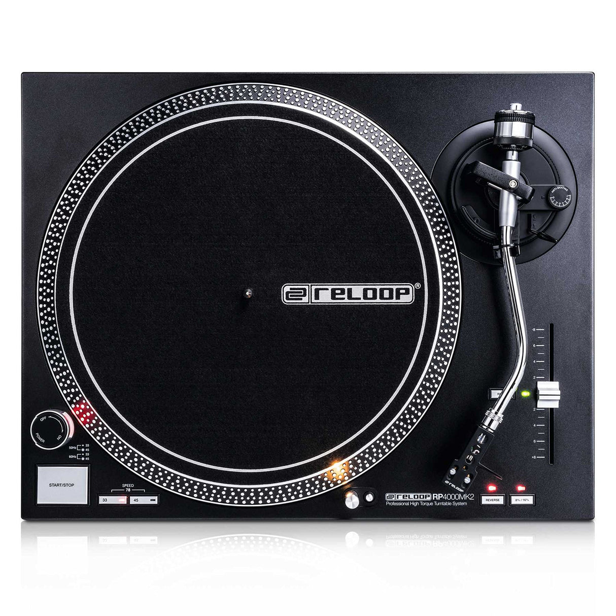 Reloop RP-4000 MK2 - Plato Giratorio de Cuarzo para DJ con accionamiento Directo de Alto par, Incluye Plato, Sistema de Toma OM Black, Casco, Alfombra de Deslizamiento y contrapeso, Negro
