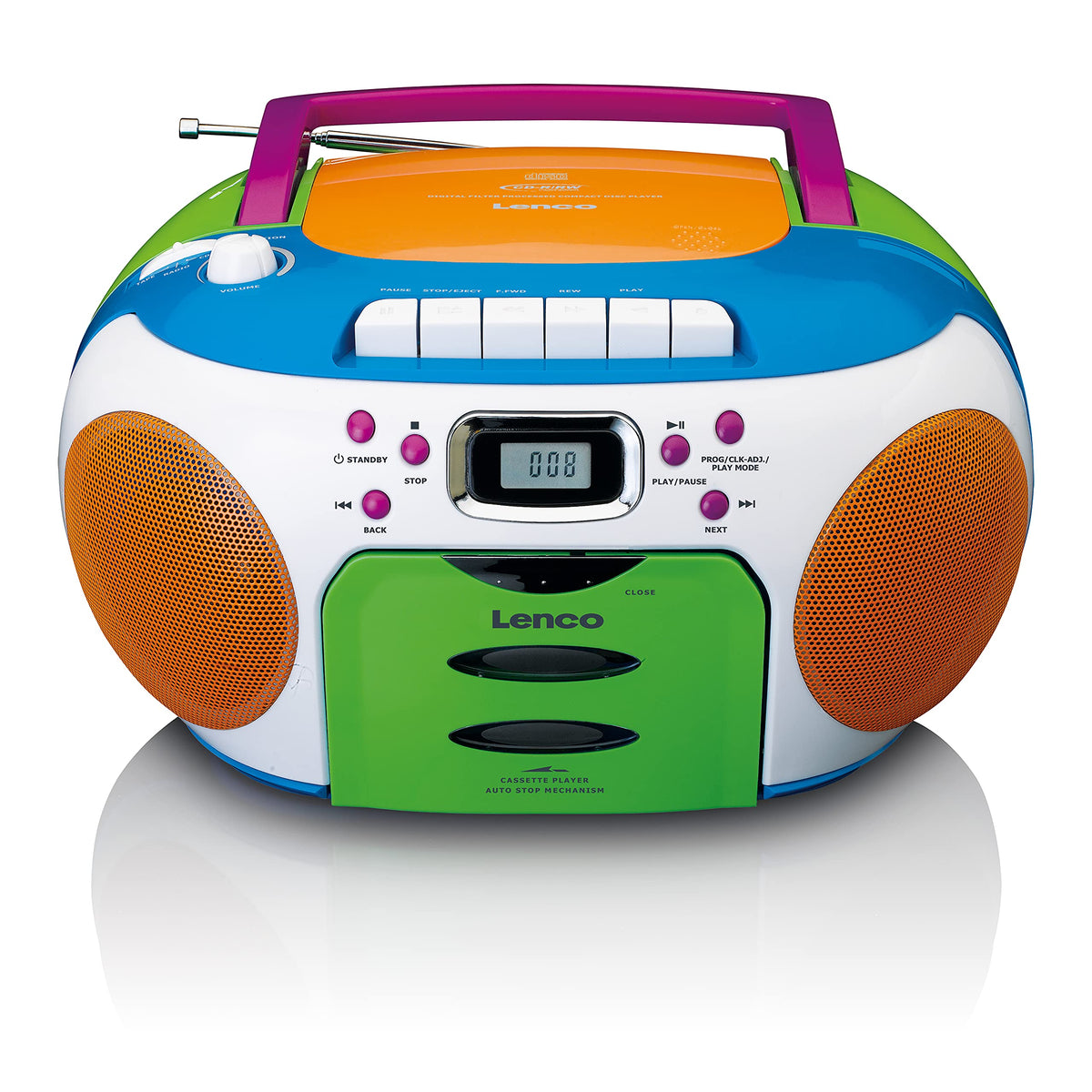 Lenco SCD-971 -Radio Infantil - Radio Casete con CD - Radio CD - Lector de Casete - Altavoces estéreo - Toma de Auriculares - Memoria de Pistas - Multicolor, Colorido