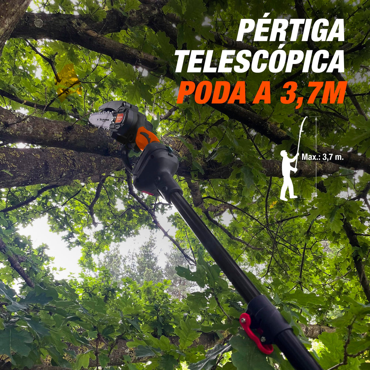 Altuna Kit de Poda a Baterรญa de Titanio - Motosierra a Baterรญa + Tijeras de Podar Elรฉctricas + Pรฉrtiga Telescรณpica - Incluye 2 Baterรญas - Pรฉrtiga de 1,63m para Poda en Altura - Con Cargador y Gafas