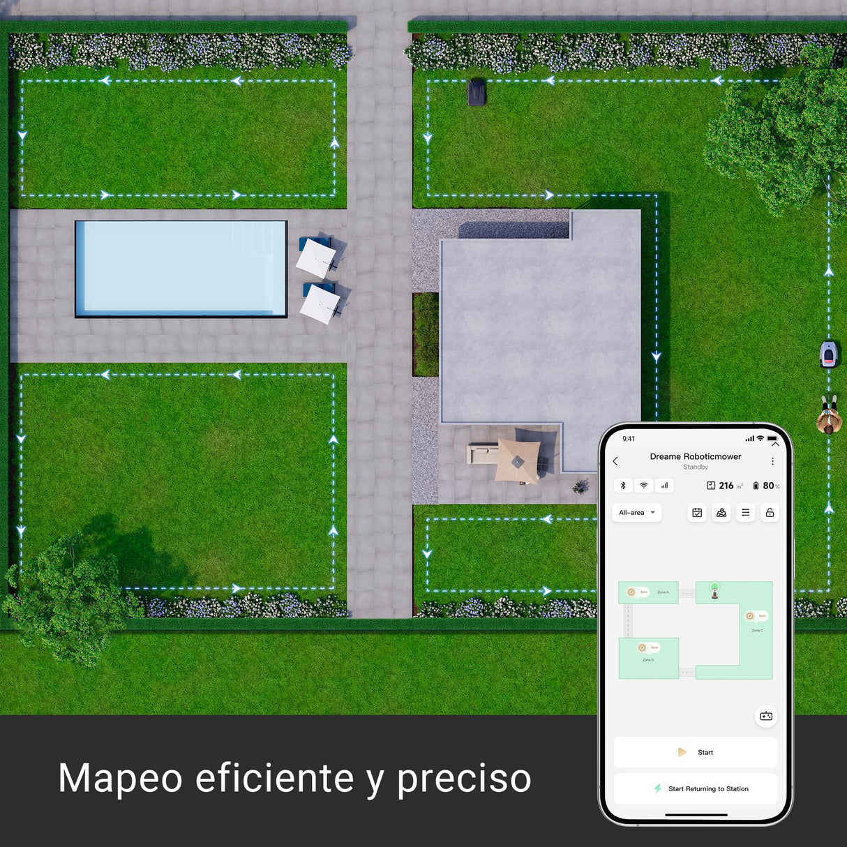 Dreame A1 Robot Cortacésped sin Cables, Tecnología Omnisense™, Controldo por App/WiFi, Gestión Intuitiva de Las Zonas, Prevención Inteligente de Obstáculos, Adecuado para Céspedes de hasta 1000 m²